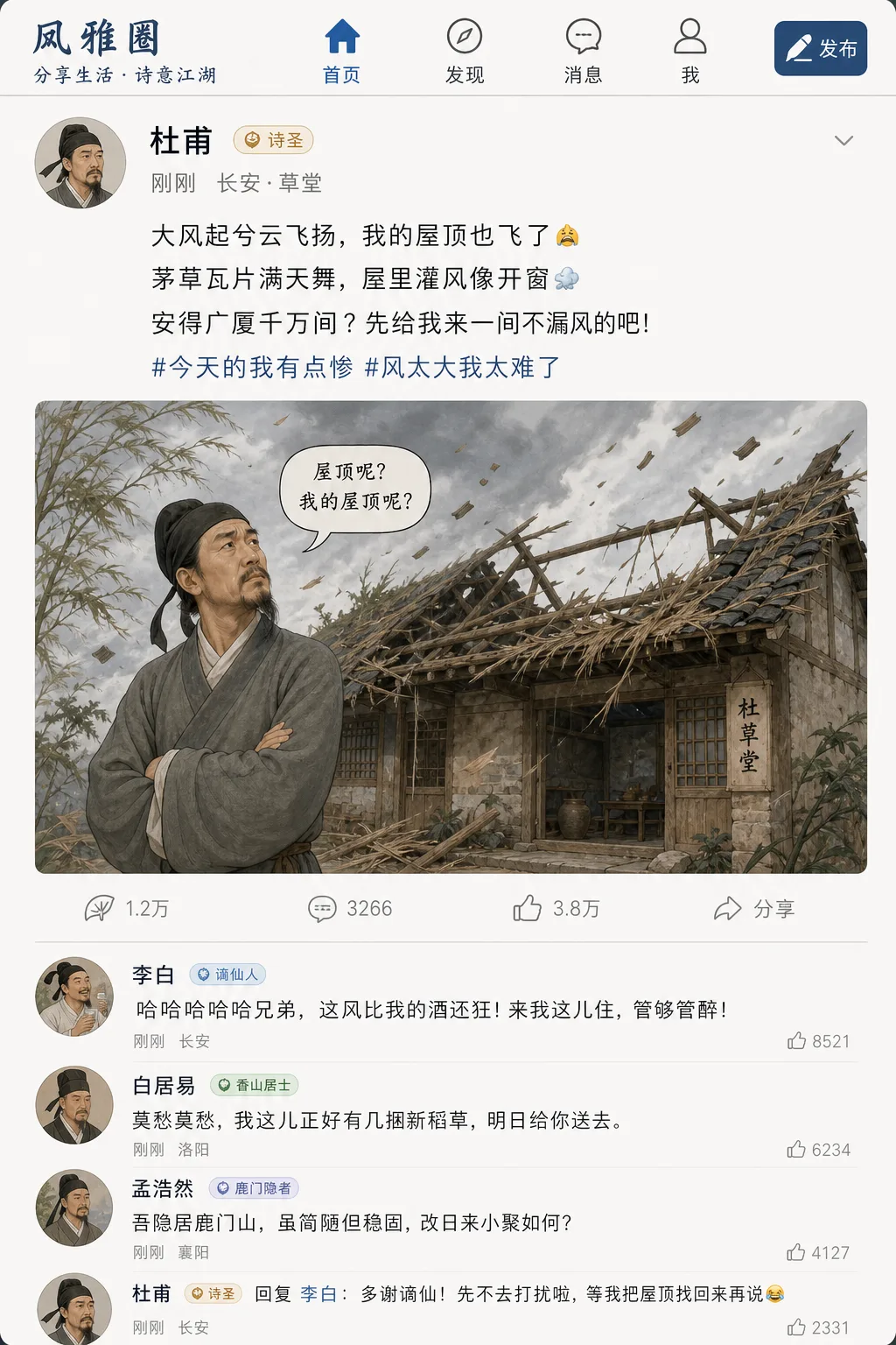 杜甫朋友圈吐槽茅屋被掀翻 - 插画创意 - CH-0184